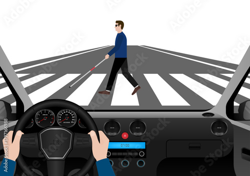 ฺBlind Man with White Cane Walking across Crosswalk in the city. Crosswalk. Pedestrian Crossing Road. Zebra Crossing. Vector Illustration.