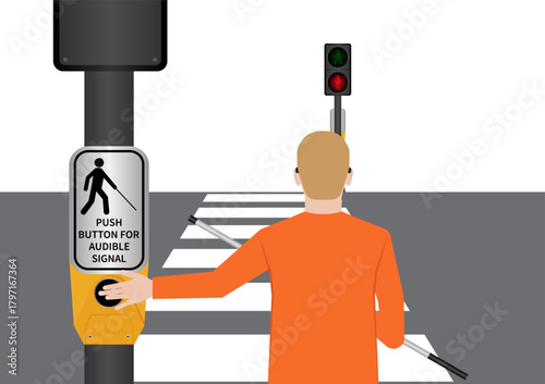 Blind Man Pressing Crosswalk Button. Push Button for Audible Signal. Pedestrian Traffic Button. Vector Illustration.