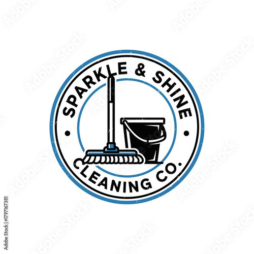 A circular cleaning company logo with a mop and bucket. Includes blue accents