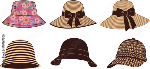 Collection of fashionable women’s summer hats featuring floral bucket styles, striped designs, woven caps, and wide-brim sun hats with elegant bows