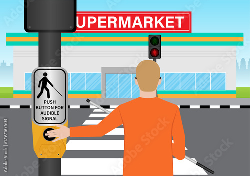 Blind Man Pressing Crosswalk Button. Push Button for Audible Signal. Pedestrian Traffic Button. Vector Illustration.