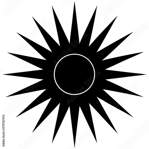 Black sun with twenty four sharp rays on transparent background silhouette