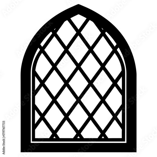 Black gothic window with diamond panes on transparent background silhouette