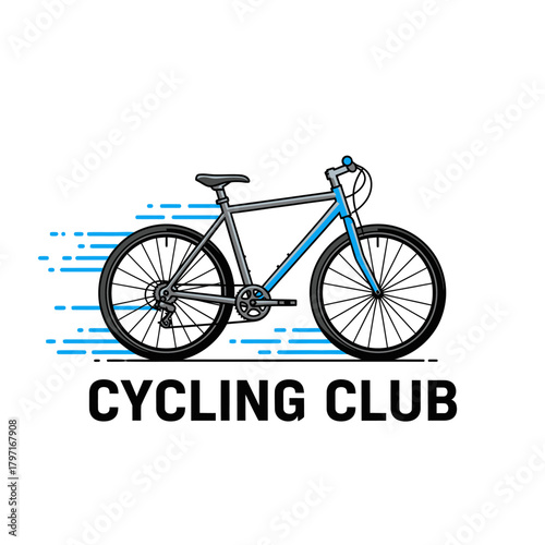 A stylized illustration of a bicycle, featuring blue accents and speed lines, with "CYCLING CLUB" text below