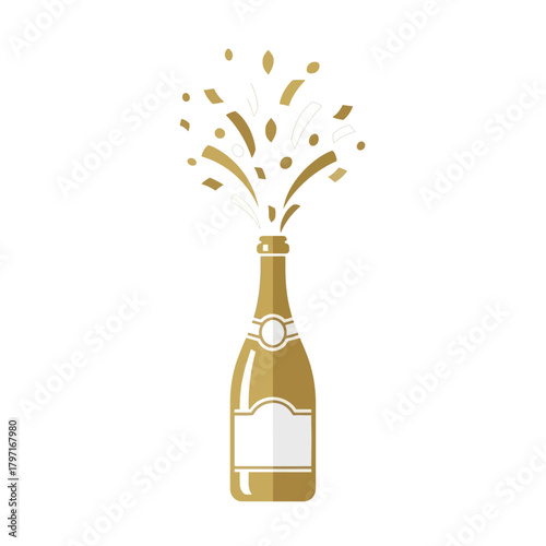 Golden champagne bottle exploding with confetti and bubbles, symbolizing celebration, success, and festive occasions with a clean white background.