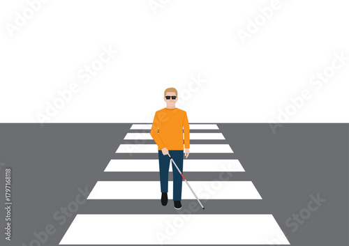 ฺBlind Man with White Cane Walking across Crosswalk in the city. Crosswalk. Pedestrian Crossing Road. Zebra Crossing. Vector Illustration.