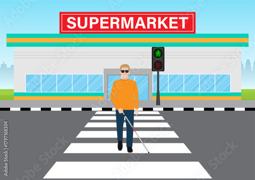 ฺBlind Man with White Cane Walking across Crosswalk in the city. Crosswalk. Pedestrian Crossing Road. Zebra Crossing. Vector Illustration.