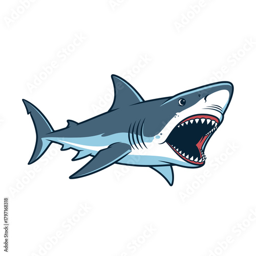 A ferocious, animated, ocean predator with open jaws and menacing teeth, swimming freely