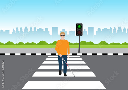 ฺBlind Man with White Cane Walking across Crosswalk in the city. Crosswalk. Pedestrian Crossing Road. Zebra Crossing. Vector Illustration.