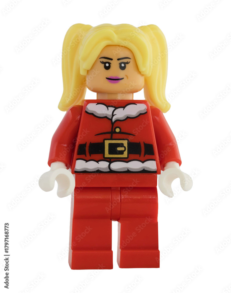 Naklejka premium Dortmund - Deutschland 13. November 2025 - Lego Figur blonde Frau im Nikolaus Kostüm - Studio Aufnahme