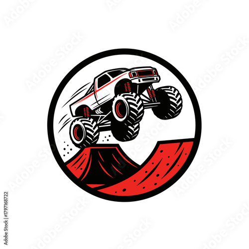 A monster truck in a circle logo, shown in a stylized graphic leaping over a ramp