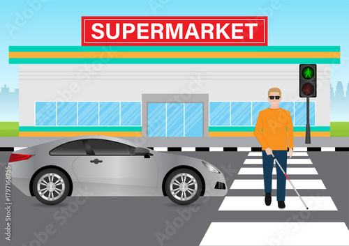 ฺBlind Man with White Cane Walking across Crosswalk in the city. Crosswalk. Pedestrian Crossing Road. Zebra Crossing. Vector Illustration.