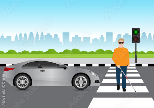 ฺBlind Man with White Cane Walking across Crosswalk in the city. Crosswalk. Pedestrian Crossing Road. Zebra Crossing. Vector Illustration.