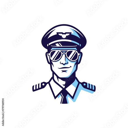 A vectorized illustration shows a pilot wearing a cap and aviator sunglasses, smiling