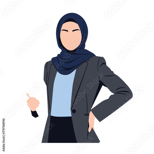 A cartoon of a woman, in a business suit, wearing a dark blue hijab, and thumbs up