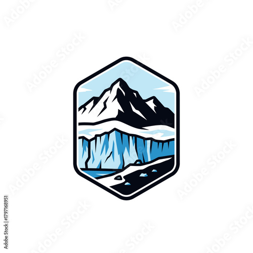 Hexagonal emblem of glacial landscape featuring a mountain range and a glacier