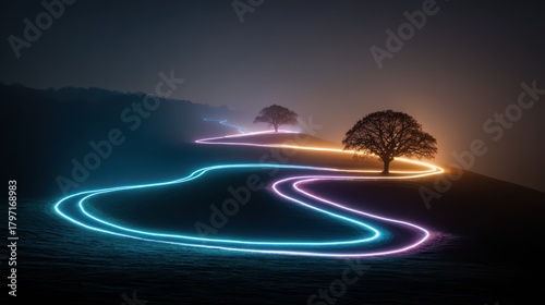 Mysterious neon path through dark ethereal landscape with silhouetted trees.