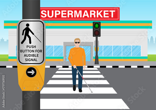 ฺBlind Man with White Cane Walking across Crosswalk in the city. Crosswalk. Pedestrian Crossing Road. Zebra Crossing. Vector Illustration.