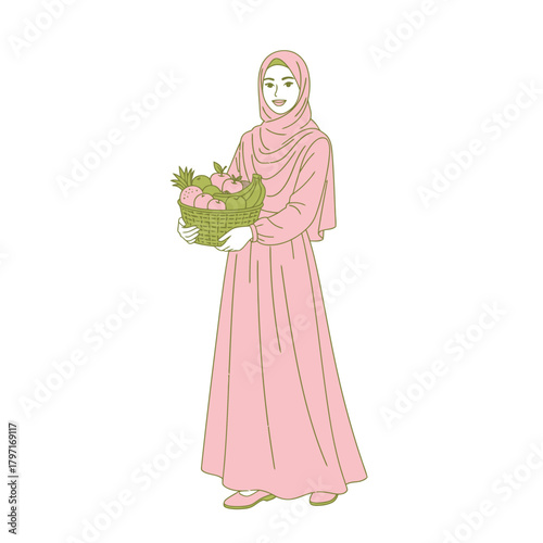 Illustration of a woman in pink attire carrying a basket of fruit