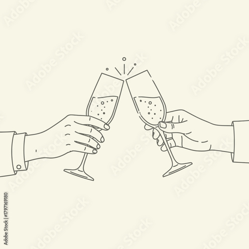 Two hands holding champagne flutes in a toast, celebrating a special occasion with sparkling bubbles and festive atmosphere.