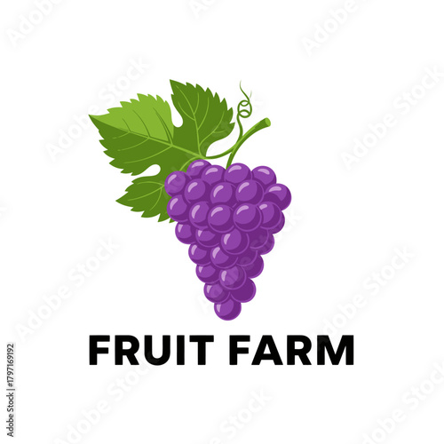 A cluster of purple grapes with leaves and vines, and the phrase "FRUIT FARM" in bold letters
