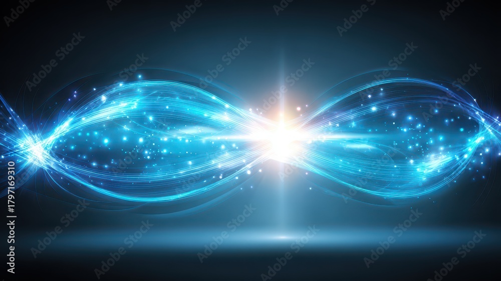Fototapeta premium Abstract blue light waves, sparkling particles, and a bright central glow.