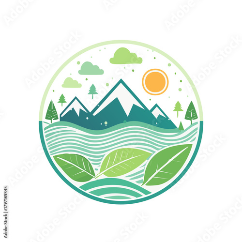 Green eco-friendly house logo design with leaf, sun, tree, and mountain landscape vector illustration
