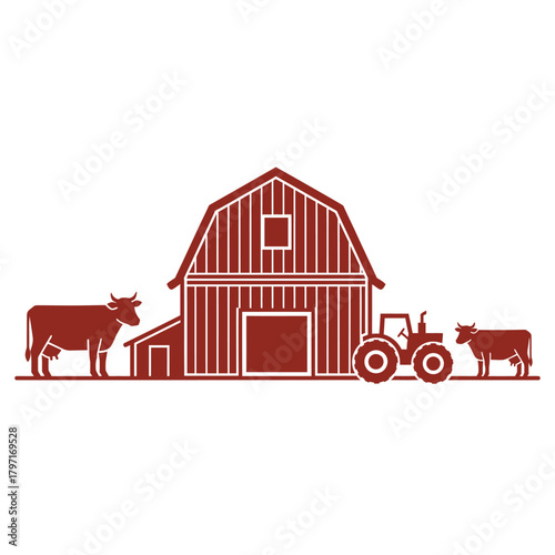 Farm scene featuring a barn, cows, and a tractor rendered in a simple, flat design style