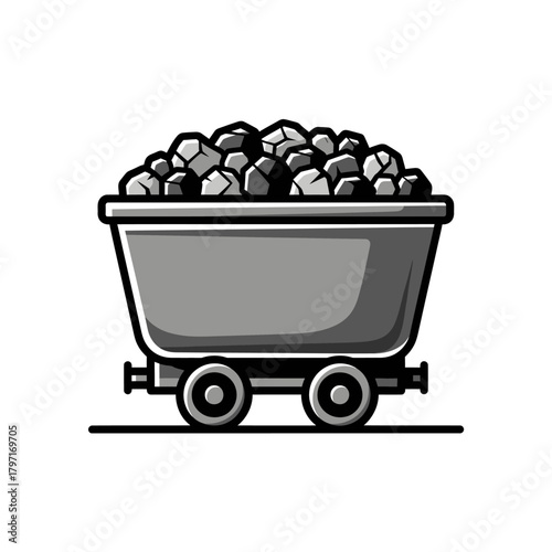 Black and white illustration of a mine cart filled with grey rocks, set against a white background