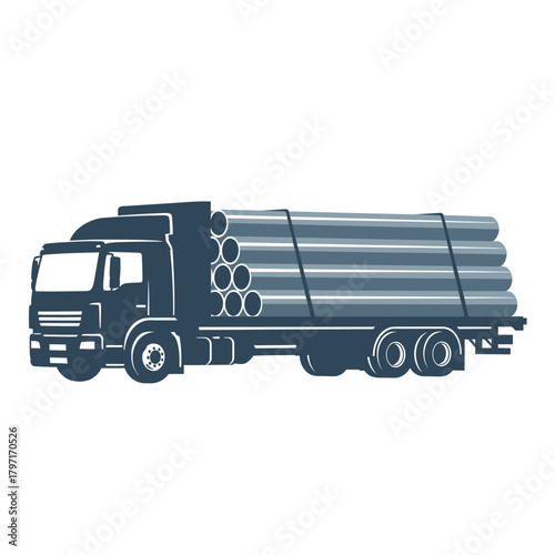 Stylized side view of a semi-truck carrying stacked cylindrical cargo secured with straps