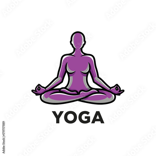 Simplified illustration of a person in a lotus position, with the word "YOGA" below
