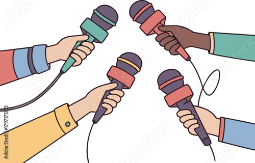 Vector illustration of diverse hands raising colorful microphones for press conference or interview, isolated on transparent background.