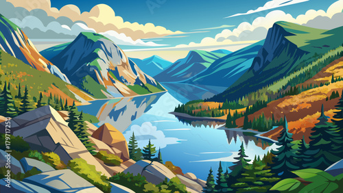 Very beautiful view of Echo Lake from Artist’s Bluff in Franconia Notch State Park, White Mountains, New Hampshire, featuring calm reflective waters, surrounding forested slopes, and dramatic mountain