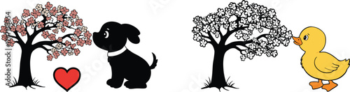Cute puppy and duck illustration with blooming trees, red heart, spring nature scene, adorable animal friendship and love artwork design