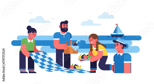 Joyful Family Outing By The Sea With Food, Beach, And Sailing For A Relaxing Day