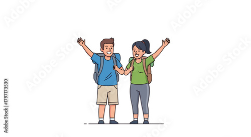 Joyful Couple Celebrates a Successful Adventure with Backpacks and Upraised Arms
