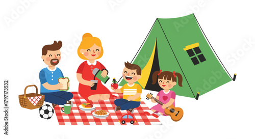Joyful Family Outing In Nature Enjoying a Picnic Beneath a Green Camping Tent