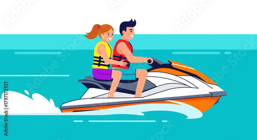 Joyful Couple Relaxes and Experiences The Thrill of Jet Skiing on a Bright Sunny Day