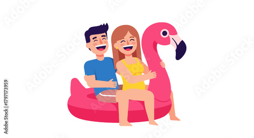Joyful Couple Relaxing And Enjoying Summer Vacation On A Flamingo Float