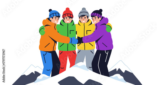 Joyful Friends Embrace In Mountains, Celebrating A Winter Adventure Together Comfortably