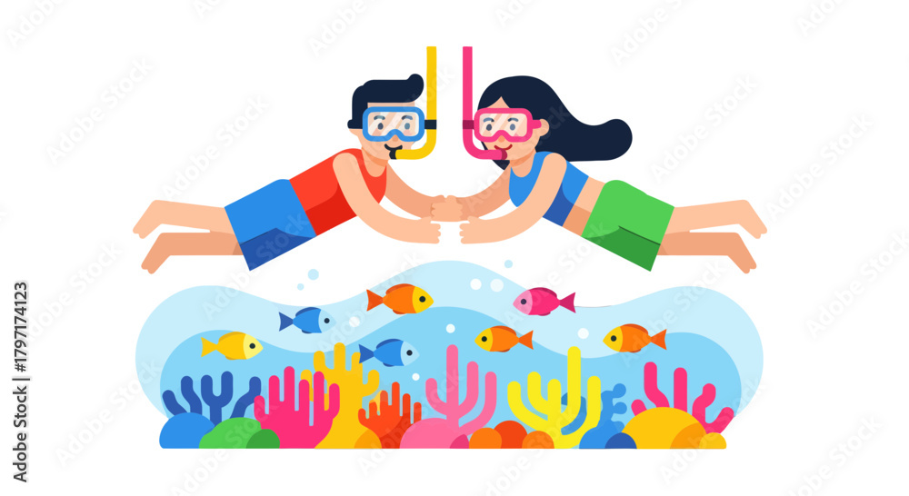 Obraz premium Joyful Couple Snorkeling Above the Ocean Reef with Underwater Life and Vibrant Colors