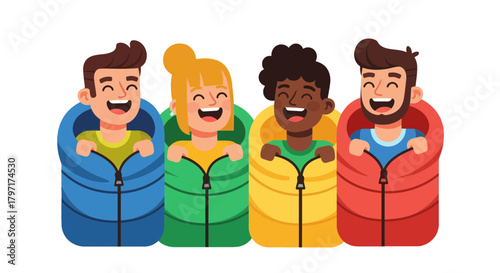 Joyful Group Camping Adventure, Happy Friends Ready For Fun, Sleep Outdoors