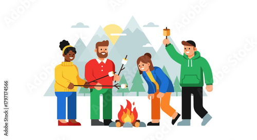 Joyful Group Camping Around A Campfire, Roasting Marshmallows Under Mountain Scenery
