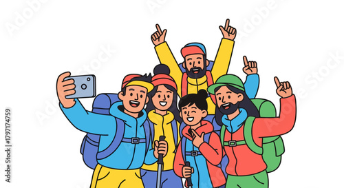 Joyful Group Capturing Memory While Traveling, Hiking Up the Mountain Together