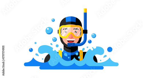 Joyful Diver Plunging Into The Depths Of The Ocean With Bubbles And Waves