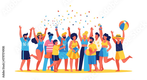 Joyful Group Celebrating Together With Beach Ball and Colorful Confetti In A Dark Space