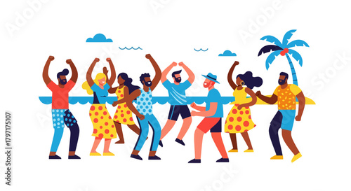 Joyful Group Dancing Celebration at A Tropical Paradise Under A Dark Night Sky