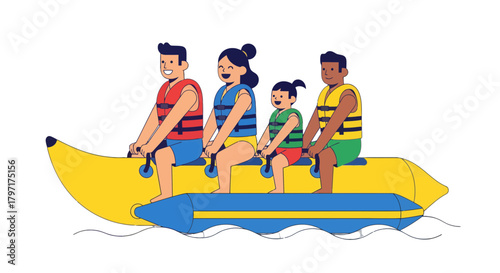 Joyful Family Embarking On A Bright Yellow Banana Boat Ride Adventure Together