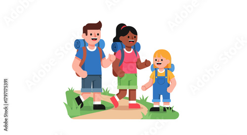 Joyful Family Hiking Expedition: Smiling People Embark on a Wonderful Adventure Together