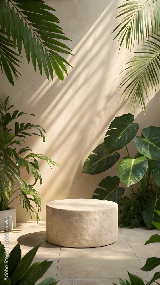 Obraz premium Serene Tropical Interior With Sunlit Green Plants And Minimal Stone Stool Creating Natural Relaxing Atmosphere